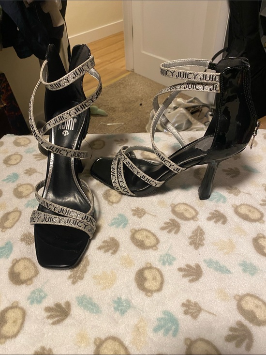 Juicy Couture Shoes - Juicy Couture Black Patent Strappy Heels with Silver Logo Straps